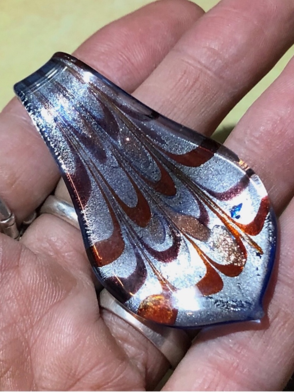 Vintage Dichronic Glass Blue Browns Metallic Large Art Paddle Pendant 2" x 1.25"